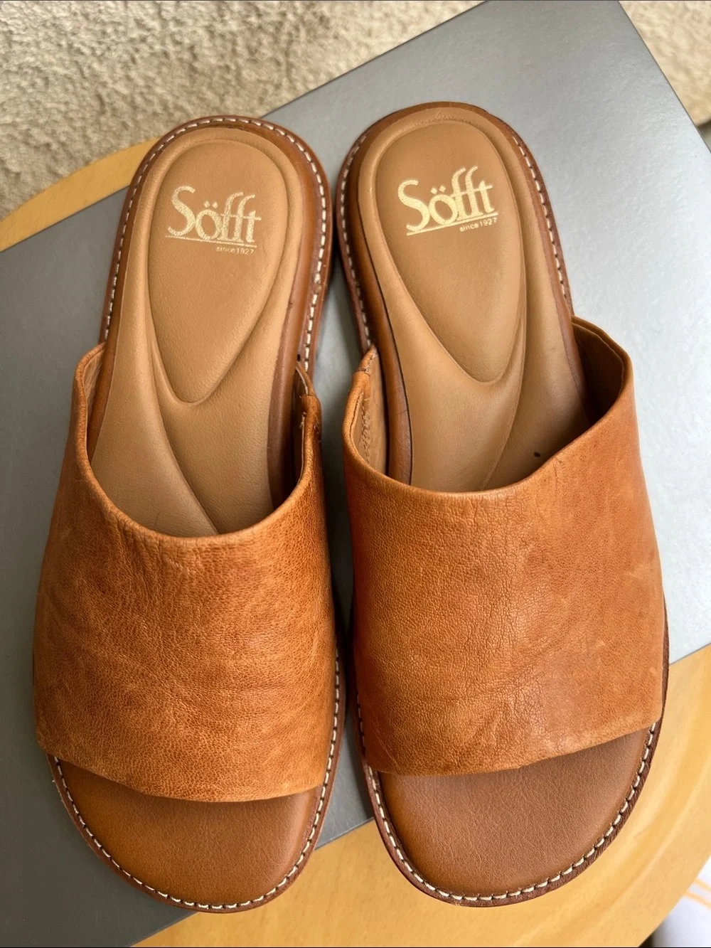 Sofft Tan Leather Slide Sandals